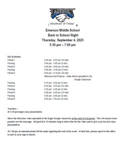 Back To School Night Schedule /  Horario de la noche de regreso a clases 9/4/2025